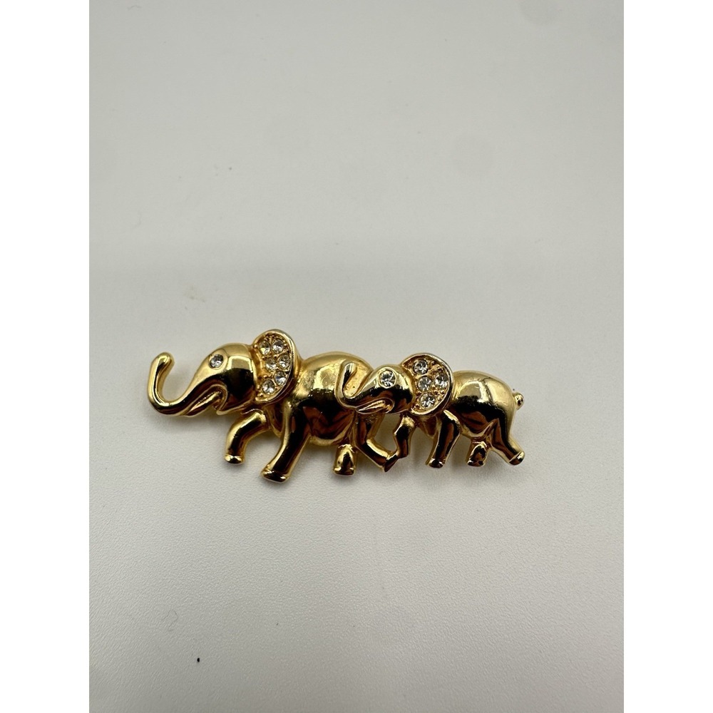 Elephant mom baby Brooch pin Gold  tone White Rhinestone  2"